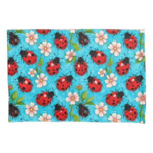 Colorful Ladybug Pattern with Flowers Pillowcase