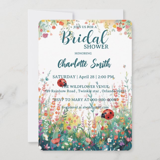 colorful ladybug Watercolor Wildflowers Personaliz Invitation (Front)