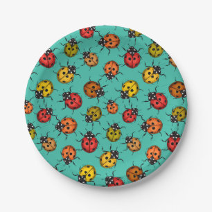 Colorful ladybugs on turquoise paper plate