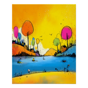 Colorful lake landscape in Pop Art cartoon style Poster