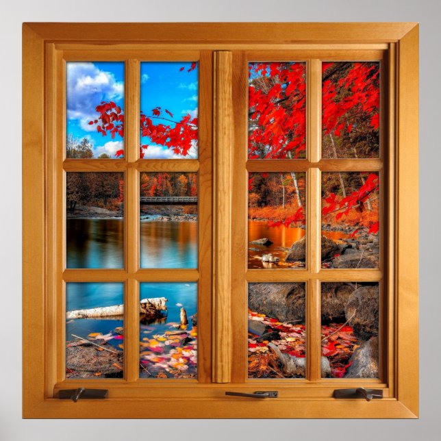 Colorful Lake Scene Square Faux Window Illusion Poster (Front)