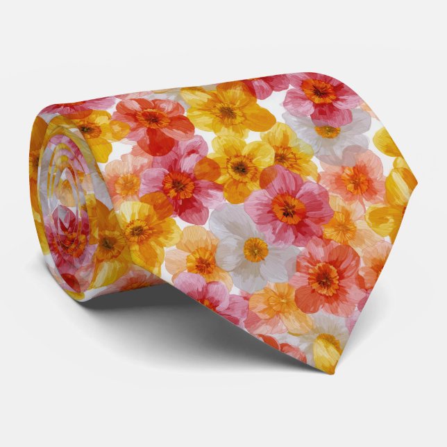 Colorful Layered Daffodils Floral Pattern Tie (Rolled)