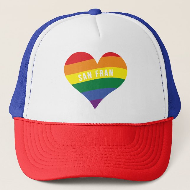 Colorful LGBTQ+ Rainbow HEART Pride Custom TEXT Trucker Hat (Front)