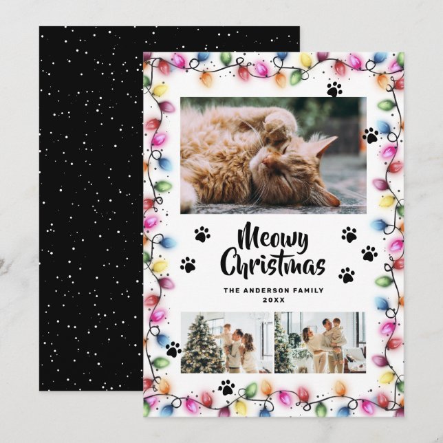 Colorful Lights Black Photo Meowy Christmas Card (Front/Back)