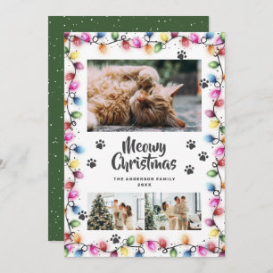 Colorful Lights Green Photo Meowy Christmas Card