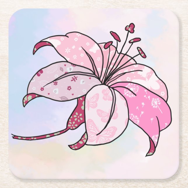 colorful lilies square paper coaster (Front)