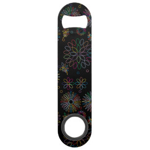 Colorful Line Art Spirals Flowers Pattern on Black