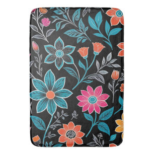 Colorful Linoprint Floral Pattern Bath Mat