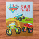 Colorful Little Boy Monster Trucks with First Name Jigsaw Puzzle<br><div class="desc">Add a bit of fun to your little boy's bedroom with this cute jigsaw puzzle that has three colorful monster trucks. There is a green monster truck driving through a ring of fire, a red monster truck watching, and a blue monster truck jumping over a dirt pile. There are also...</div>