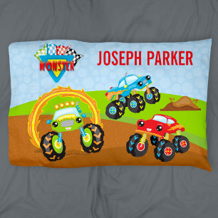 Colorful Little Boy Monster Trucks with First Name Pillowcase