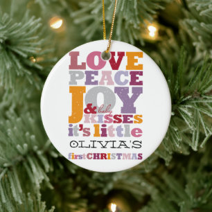 Colorful Love Peace Joy And Baby Kisses Cute Photo Ceramic Tree Decoration