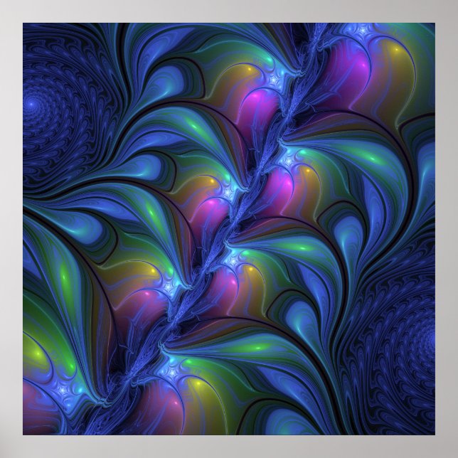 Colorful Luminous Abstract Blue Pink Green Fractal Poster (Front)