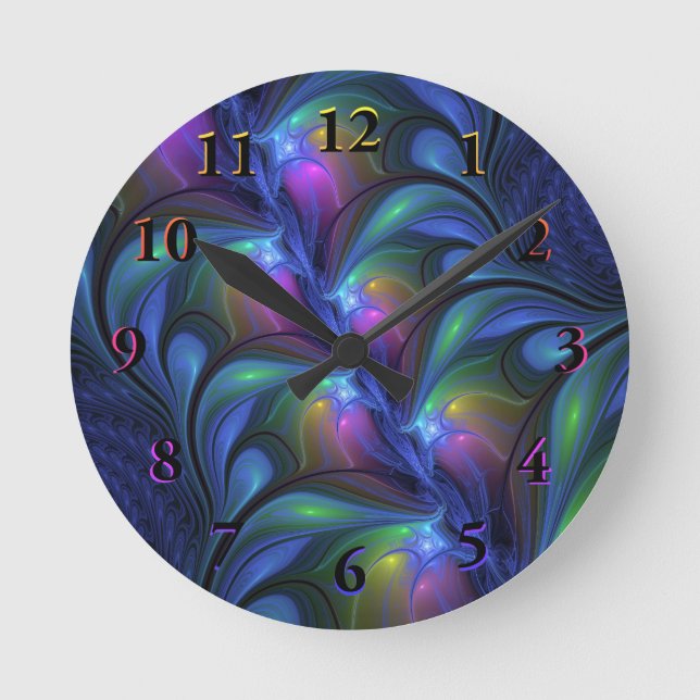Colorful Luminous Abstract Blue Pink Green Fractal Round Clock (Front)