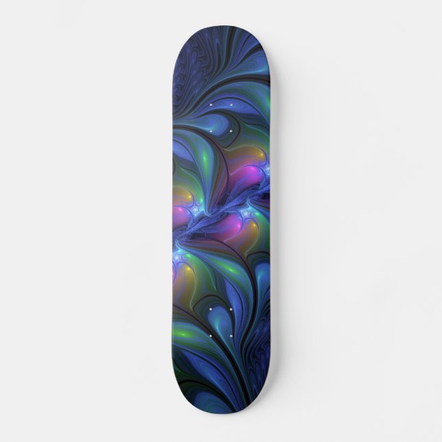 Colorful Luminous Abstract Blue Pink Green Fractal Skateboard (Front)