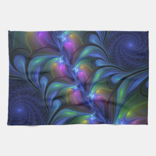 Colorful Luminous Abstract Blue Pink Green Fractal Tea Towel