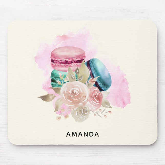Colorful Macarons and Flowers Watercolor Mouse Mat (Front)