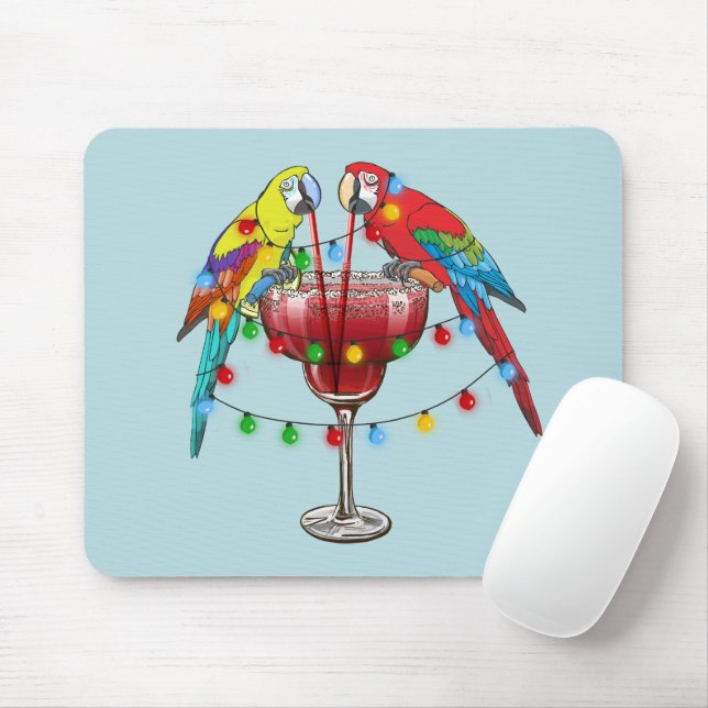 Colorful Macaw Parrots Drinking Red Wine Mouse Mat (With Mouse)