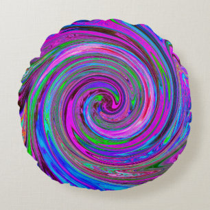 Colorful Magenta Swirl Retro Abstract Design Round Cushion