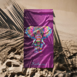 Colorful Mandala Elephant with Customized Name Beach Towel