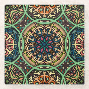 Colorful Mandala: Vintage Floral Hand Drawn Glass Coaster