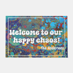 Colorful marbling welcome to our happy chaos doormat