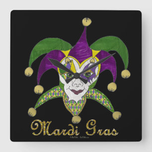 Colorful Mardi Gras Jesters Mask Square Wall Clock