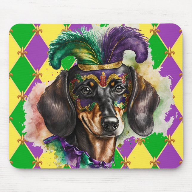 COLORFUL MARDI GRAS THEMED DACHSHUND DOG  FACE MOUSE MAT (Front)