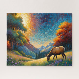 Colorful Meadow Elk with Flowers Art Jigsaw Puzzle