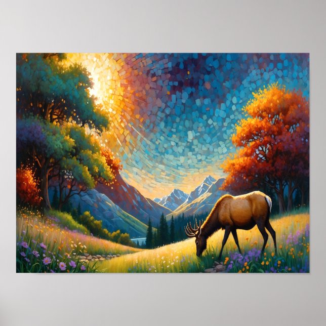 Colorful Meadow Elk with Flowers Art Poster (Front)