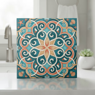 Colorful Mediterranean Pattern Pat#6 Teal ID1195 Tile
