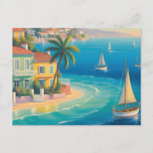 Colorful Mediterranean Village on Tropical Beach Holiday Postcard