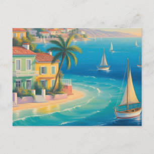 Colorful Mediterranean Village on Tropical Beach Postcard