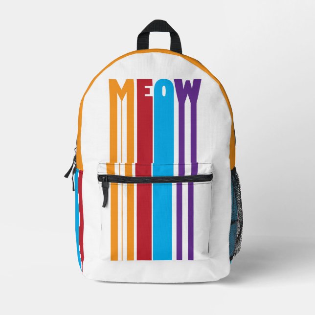 Colorful MEOW Cat Lover Backpack with Bold Stripes (Front)