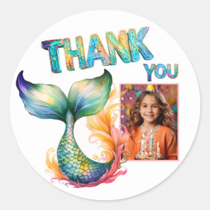 Colorful Mermaid Birthday Thank you Girl Photo Classic Round Sticker