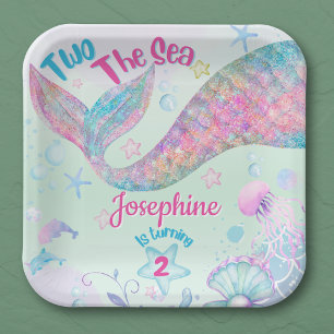 Colorful Mermaid second birthday square Paper Plate