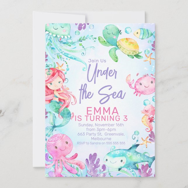 Colorful Mermaid Under the Sea Birthday Invitation (Front)