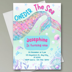 Colorful Mermaid watercolor first birthday Invitation