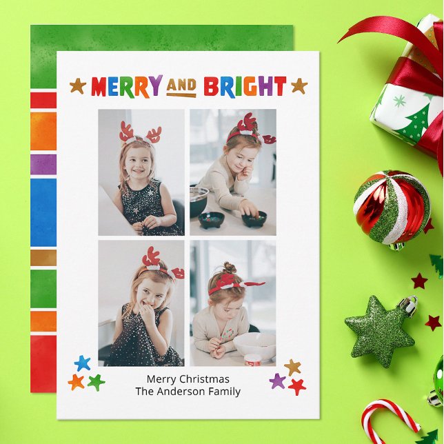 Colorful Merry and Bright Four Photo Christmas Card (Creator Uploaded)