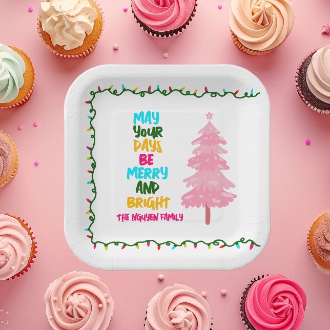 Colorful Merry Bright Pink Christmas Tree Party Paper Plate (Creator Uploaded)
