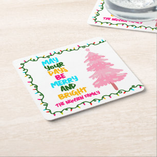 Colorful Merry Bright Pink Christmas Tree Party Square Paper Coaster