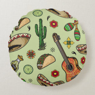 Colorful mexican fiesta vintage seamless pattern w round cushion