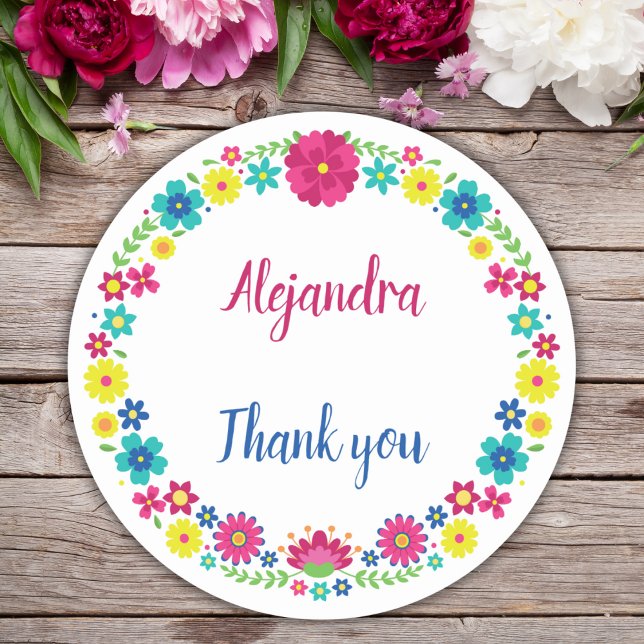 COLORFUL MEXICAN FLOWERS QUINCEAÑERA CLASSIC ROUND STICKER (Creator Uploaded)