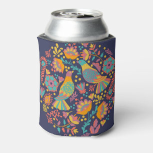 Colorful Mexican Folk Art Birds and Flowers Blue Can Cooler