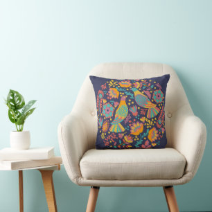 Colorful Mexican Folk Art Birds and Flowers Blue Cushion