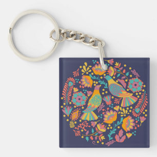 Colorful Mexican Folk Art Birds and Flowers Blue Key Ring