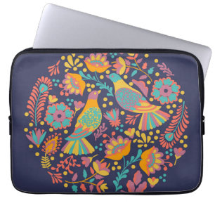 Colorful Mexican Folk Art Birds and Flowers Blue Laptop Sleeve
