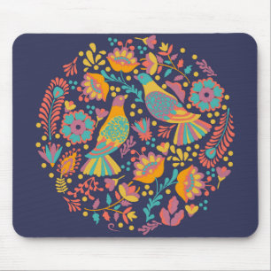 Colorful Mexican Folk Art Birds and Flowers Blue Mouse Mat