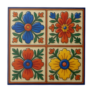 Colorful Mexican Folk Traditional Floral Art Tile