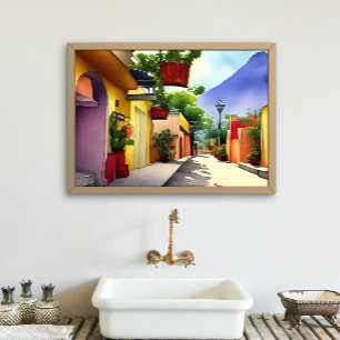 Colorful Mexican Village Street Scenic Watercolor  Poster