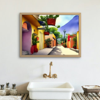 Colorful Mexican Village Street Scenic Watercolor  Poster